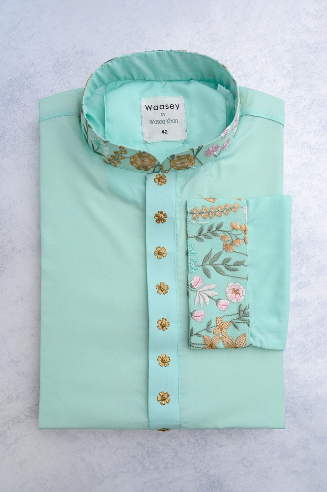 Mint Green Botanical Panjabi with Gold Accents